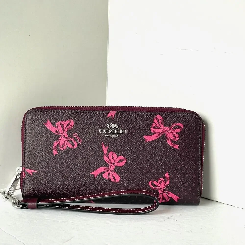 Coach CZ327 Pink Bow Long Zip Wallet Merlot Canvas Phone Wristlet